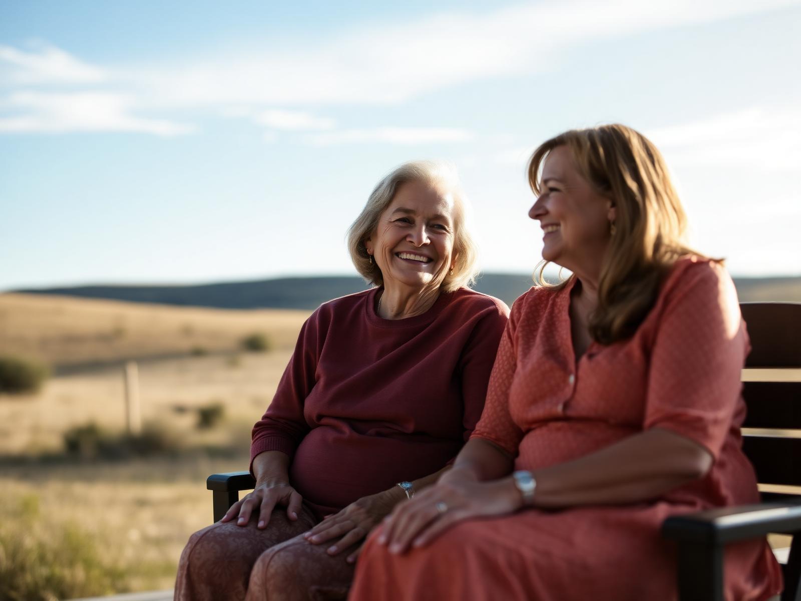 A senior mother laughing with her adult daughter on a sunny porch in the Texas hill country.